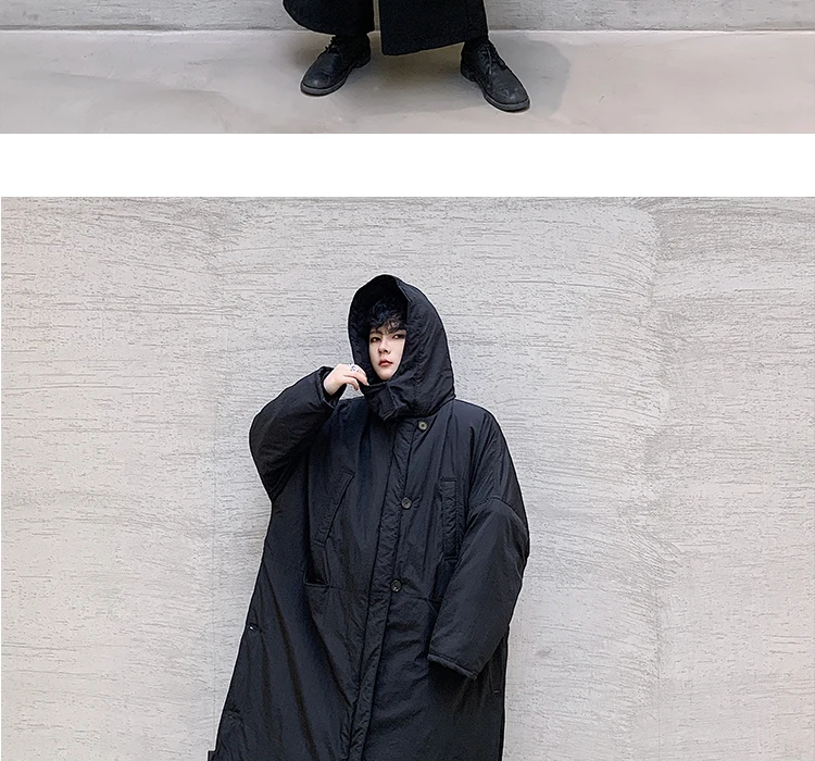 Men Winter Long Loose Hooded Parka Jacket Overcoat Male Japan Street Dark Black Cotton Padded Thick Coat Outerwear