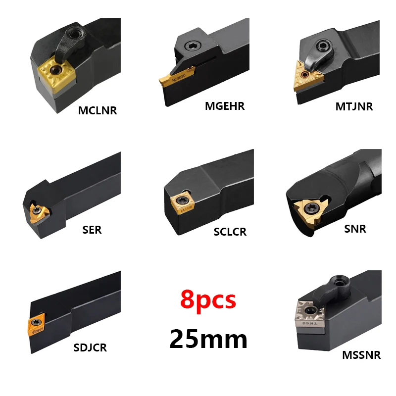 

8pcs SDJCR2525M11 MTJNR2525M16 MSSNR2525M12 MCLNR2525M12 SCLCR2525M09 SNR0025S16 SER2525M16 MGEHR2525-3 Turning Tool Holder Set