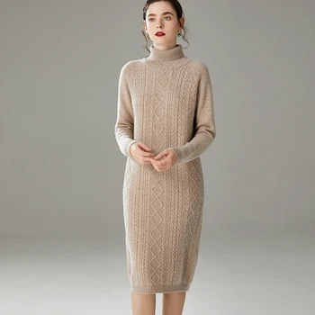 

Autumn winter thickened high collar 100% pure wool cashmere sweater women sweater loose lazy over the knee long knitted dress