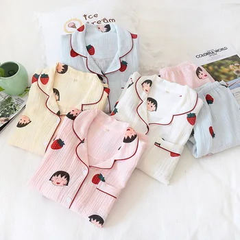 

Cartoon Print Gauze Cotton Pajamas Women Set Spring Summer Autumn Casual Home Suit Female Plus Size Pijama Loungewear Sleepwear