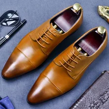Mens Genuine Leather Shoes High Quality Dress Shoes Business Wedding Fashion Oxfords Lace Up Pointed Toe Flats