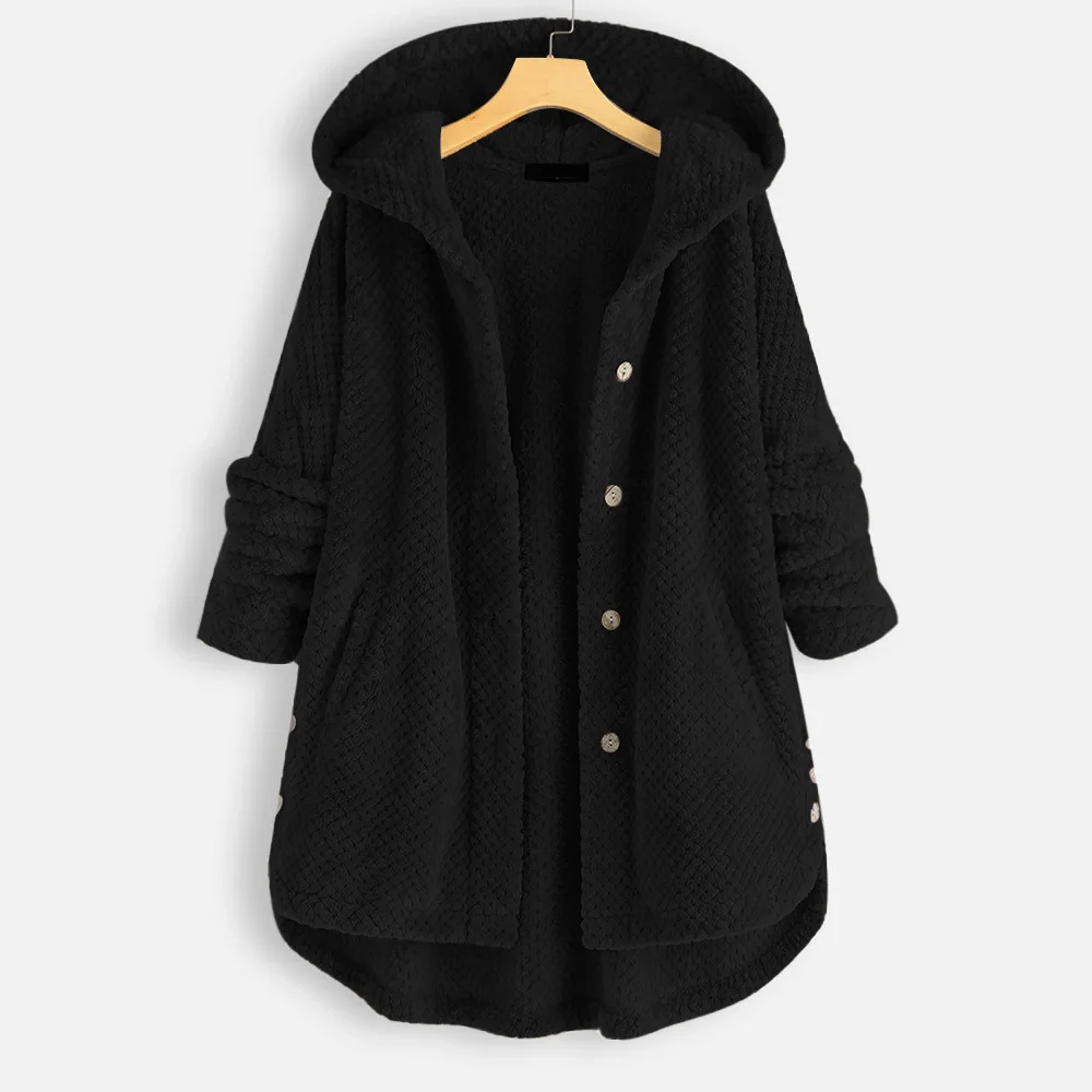2020 Women Leisure Coat Solid Color Buttons Long Length Overdress Hooded Coat Long-Sleeved Hooded Stitching Loose Women Coat