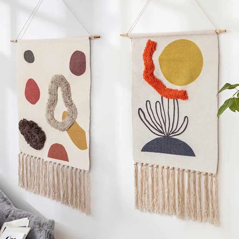 CottonLinenTapestrySewonPlushHandKnotTasselGeometricPrintMuslimOrnamentWallHangingMacrameHomeDecorTapestries