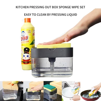 

2 In 1 Kitchen Cleaning Brush Double Sponge Box Portable Dishwashing Brush Push Liquid Box Kitchen Home Cleaning Products