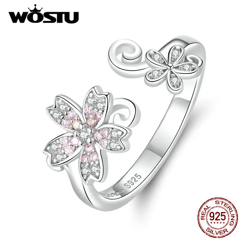 WOSTU Настоящее серебро 925 пробы Сакура цветок кольцо для женщин розовый циркон