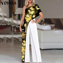 

Women Wide Leg Jumpsuits Vintage Printed Playsuits VONDA Sexy Short Sleeve One Shoulder Palazzo Pants Pantalones Office Overalls