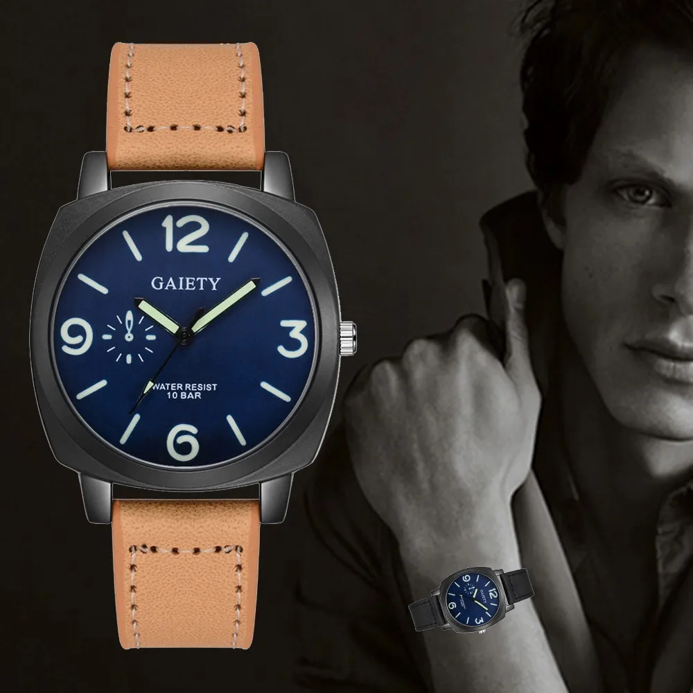 

GAIETY Men 100% brand new Leather Band Analog Quartz Round Wrist Tungsten Steel Watch No waterproof Watches L0829