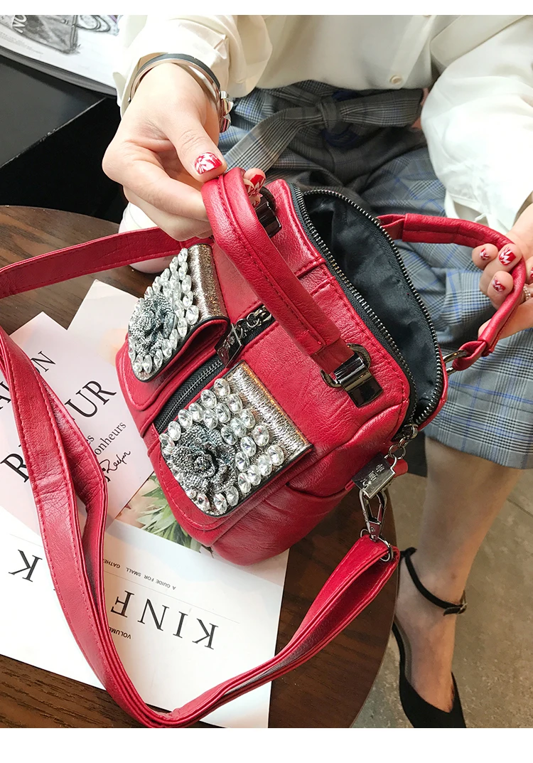 Advanced custom women handbag diamond flower multi-function handbag solid color PU custom shoulder bag