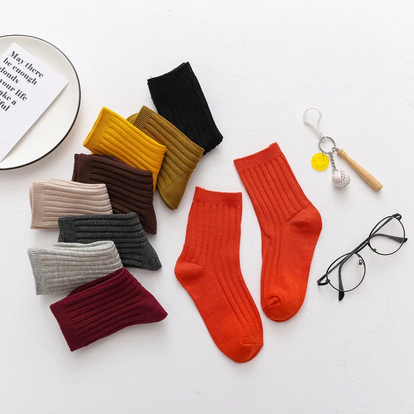 

2019 Spring And Summer New Products Solid Color Double Needles Children's Socks Candy Color Children Bunching Socks Sunken Strip