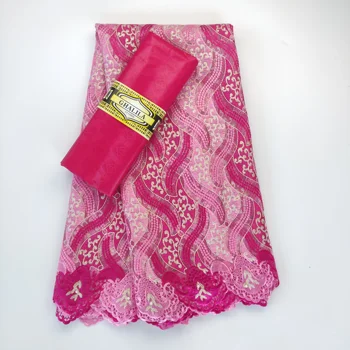 

2.5+2.5 Yards Net Lace And Bazin Style Pink Color Guinea African Stones Mesh Lace Basin Fabric Prom Wedding Bride Sewing Fabrics