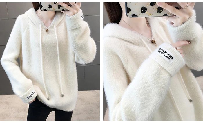Surmiitro Mink Cashmere Knitted Hoodies Women Autumn Winter Korean Kpop Long Sleeve Hooded Sweatshirt Female Pullover Blue