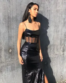 

Women Bodycon Sexy Sleeveless Mesh Sequins Black Maxi Long Dress 2020 Designer Elegant Evening Party Dress Vestido