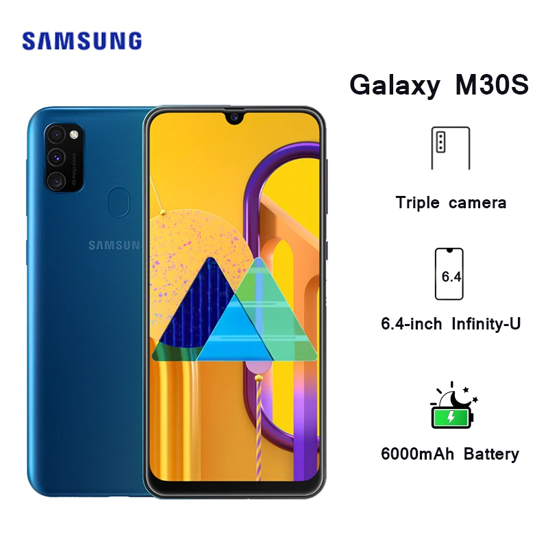 Мобильный телефон samsung Galaxy M30S 6," дисплей sAMOLED Восьмиядерный 6 ГБ 128 ГБ 48мп Тройная камера 6000 мАч аккумулятор смартфон