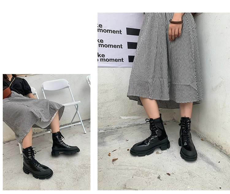 Новые ботинки «Челси»; короткие ботинки на толстой подошве с круглым носком и шнуровкой; Цвет черный, белый; мотоботы из натуральной кожи в стиле ретро; женская обувь