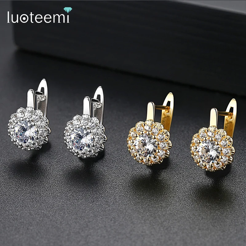 Женские круглые серьги-клипсы LUOTEEMI с фианитами модные женские и кристаллами