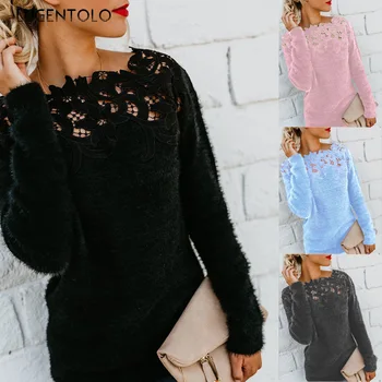 

Lugentolo Sweater Women Autumn Winter Lace Long Sleeve Solid Color Loose Splice New Fashion Casual Trend Round Neck Sweaters