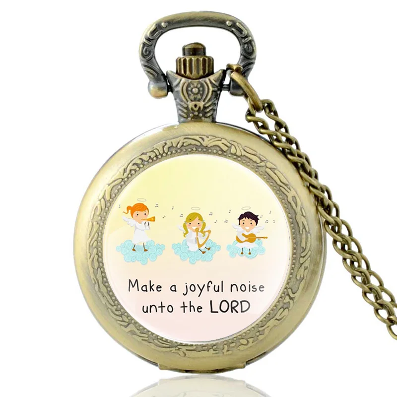 

Bible Verse “Make A Joyful Noise Unto The Lord” Vintage Quartz Pocket Watch Men Women Pendant Unique Necklace Chain Hours Clock