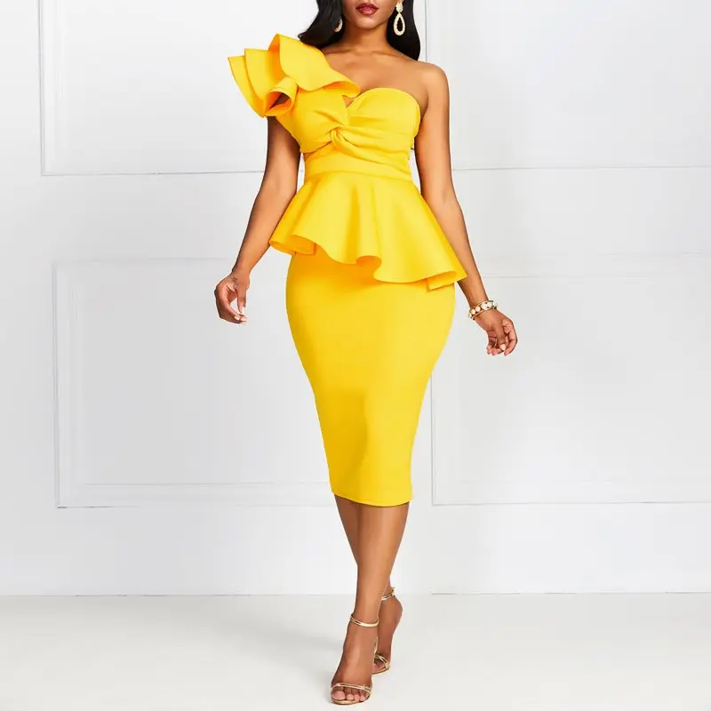 Желтое платье на одно плечо, плюс размер 2XL, однотонное, на одно плечо, с рюшами, тонкое, до колен, элегантное платье, европейские вечерние платья