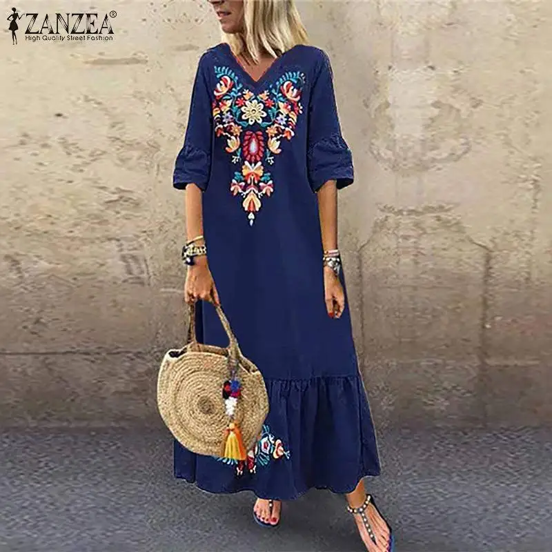 Bohemian Maxi Dress ZANZEA Women Printed Sundress Casual V-Neck Summer Vestido Female Short Sleeve Floral Robe Plus Size