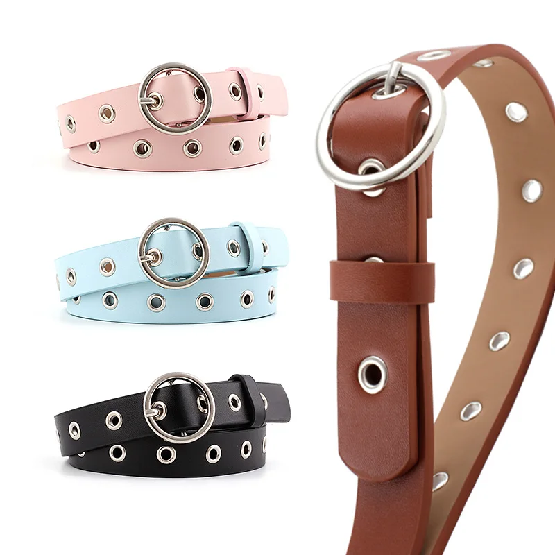 

Women Belt Adjustable PU Leather Belt 110cm*2.3cm Jeans Dress Long Waist Strap Hollow Eyelets Decorative Belt Pin Buckle