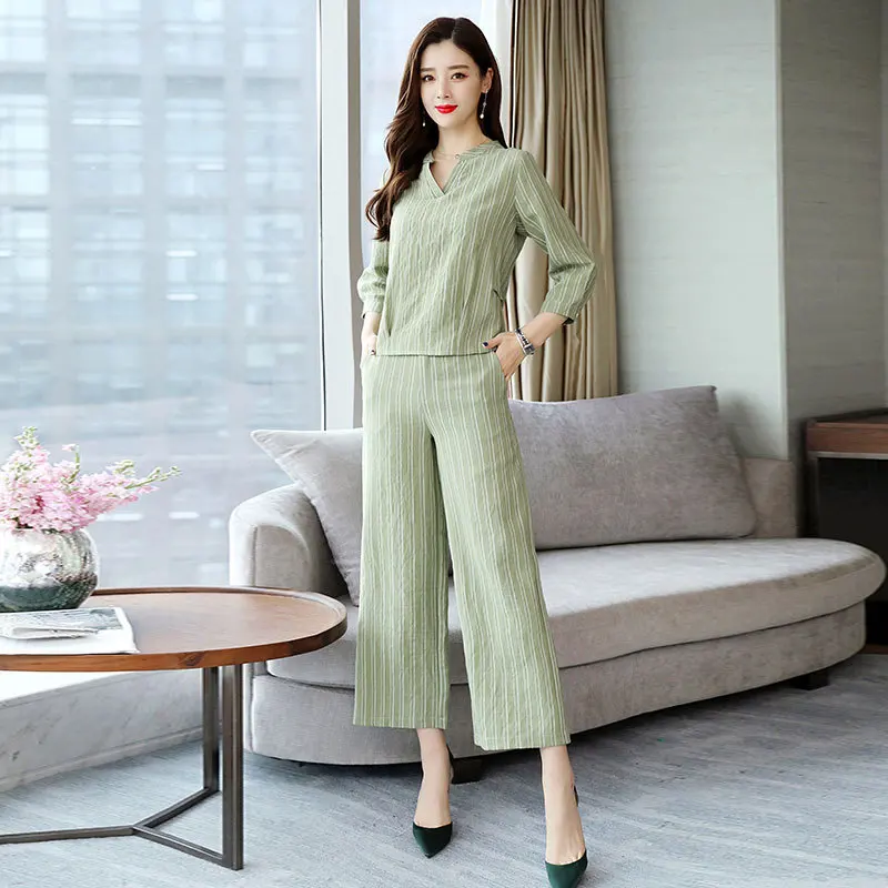 

2019 Summer Fashion Elegant Comfortable Simple Cotton Linen Loose-Fit Loose Pants Two-Piece Set