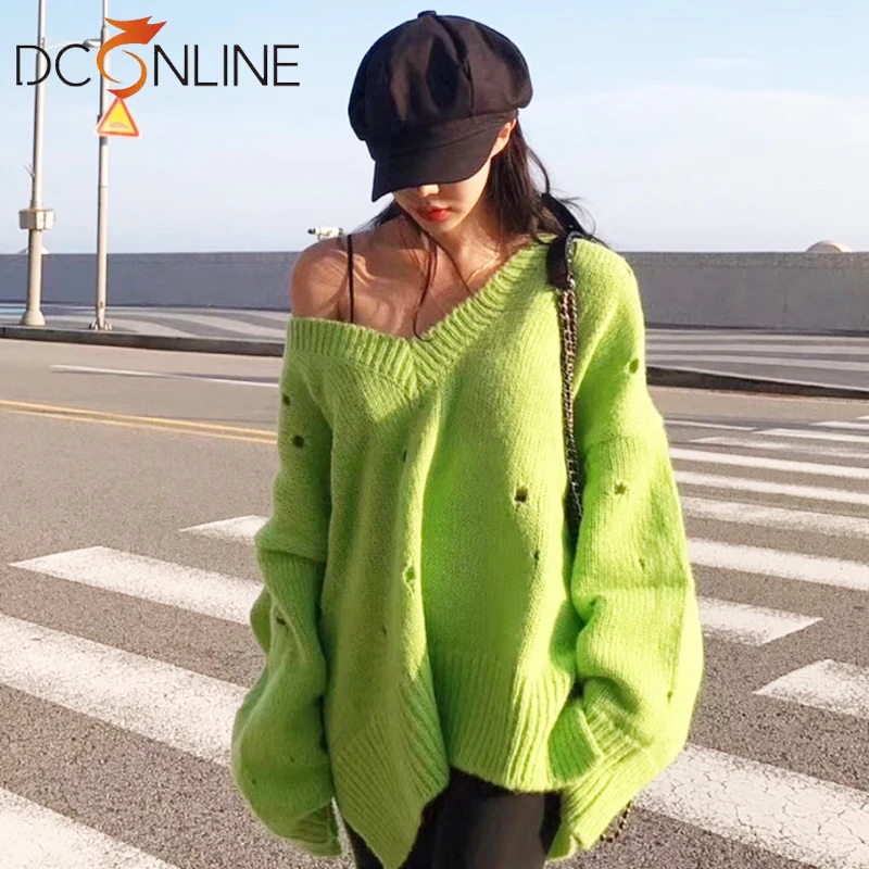 

Oversize Sweater Women's Jumper Winter Drop Shoulder Pullover V-Neck Solid Wool New Sweater for Women 2019 Knitted za pull korea