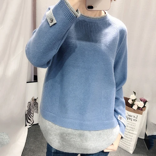 Горячая Распродажа, поддельные два кашемировых свитера, Женский пуловер с круглым вырезом, осень и зима, новинка, длинный рукав, корейский свободный шерстяной свитер - Цвет: Синий