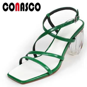 

CONASCO Genuine Leather Women Sandals Fashion Concise Crystal High Heels Narrow Band Pumps Summer 2020 New Casual Shoes Woman