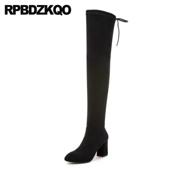 

winter shoes chunky black high heel suede slim thigh women boots tall over the knee trend sexy stretch long casual pointed toe