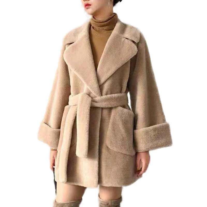 

Real Fur Coat Women Winter Korean Jacket with Belt Sheep Wool Fur Coats Genuine Sheep Shearing Coat Female