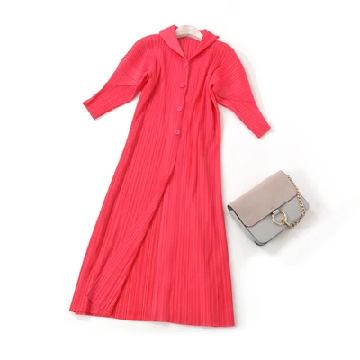 peach red HOT SELLING Miyake High-end fashion puff three quarter solid turn-downcollar Button Fake two pieces dress IN STOCK - Цвет: peach red