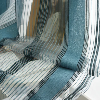 

Chenille Blue Coffee Stripe Sheer Curtains For Kitchen Tulle Nordic simple Vertical Stripes Living Room Yarn Study Room M046-20