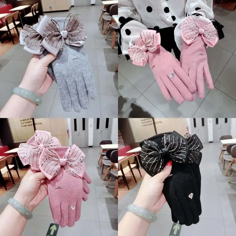 Winter Korean Version of The Bowknot Cashmere Gloves Fashion Thickening and Velvet Five-Finger Warmth Finger Touch Screen Gloves
