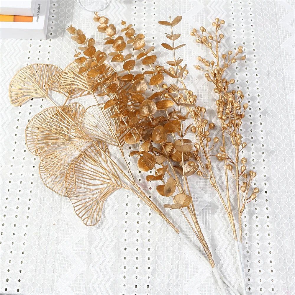 Red de hojas de ventilador de tres puntas, oro Artificial, Ginkgo, eucalipto, para boda, arreglo de arco de flores, manualidades decorativas para el hogar, 1 ud.