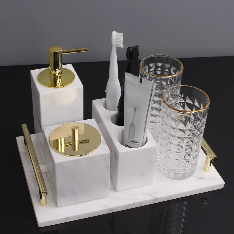 Marble Bathroom Accessories Set Soap Dispensers/Dishes Toothbrush Holder & Gargle Cups Tissue/Cotton Swab Box Tray Wedding Gifts