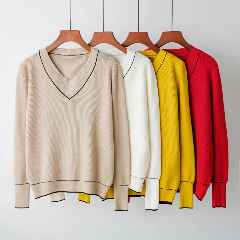 Autumn Winter Women Casual Sweater V-neck Knitted Pullover Female Soft Basic Cashmere Jumper Loose Sweaters | Женская одежда