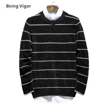 

Winter Round Neck Thick Warm Sweater Men Striped Sweaters Slim Fit Pullover Men Top Knitwear 3XL