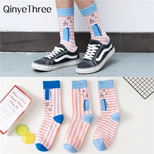 Женские носки в полоску; сезон осень-лето-зима; цвет розовый, синий; унисекс; Harajuku; японские носки в Корейском стиле с рисунком; Прямая поставка