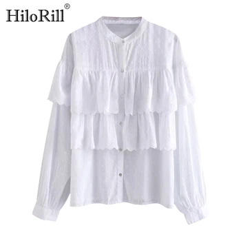 

2020 Chic Dot Print Cotton White Blouse Women Ruffle Long Sleeve Elegant Shirts Tunic Stylish Casual Stand Collar Tops Blouses