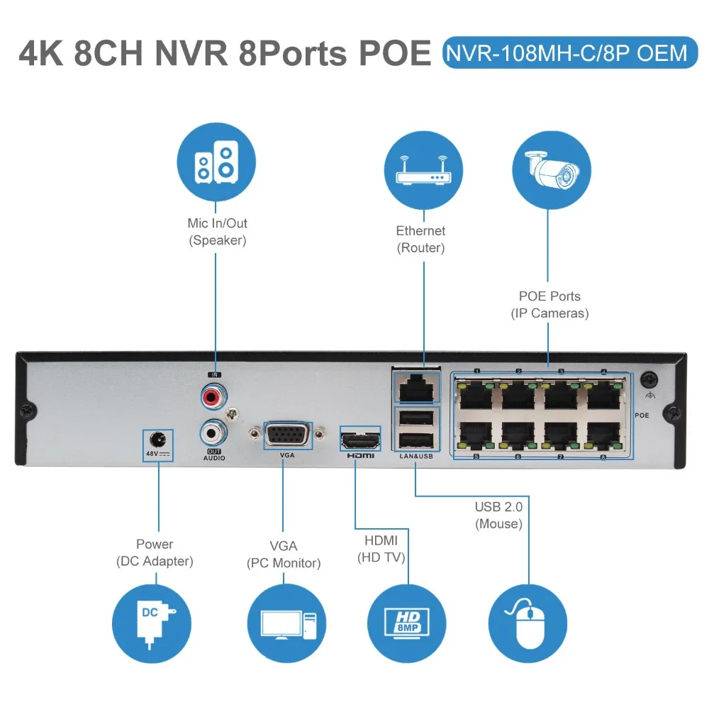  8CH 4K Hikvion OEM POE NVR Kit de cámara CCTV sistema 4/6/8 Uds 8MP torreta seguridad Domo cámara I