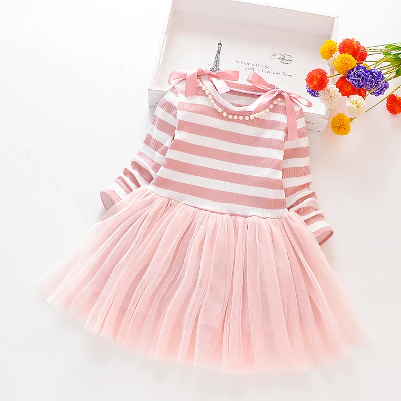 

Girl Dress Long Sleeve Princess Striped Tutu Dress Spring Autumn Toddler Girl Cotton Floral Bow Dresses Infant Fashion Clothing