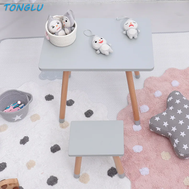 Children Desk and Chair Set Square Study Learning Desk Writing Table and Chair Solid Wood Minimalist Modern Baby Kids Furniture