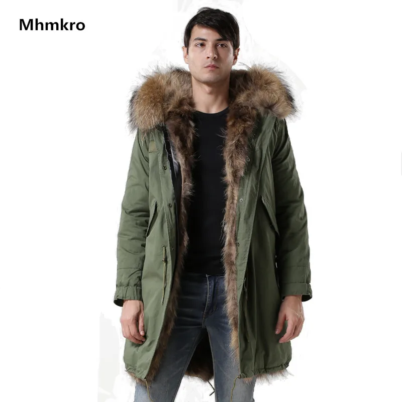 Winter Jas Vos Bont Voering Heren Army-groen Jas Lange Stijl Mode Echte Vos Kraag Heren Winddicht Parka Factory prijs Uitloper