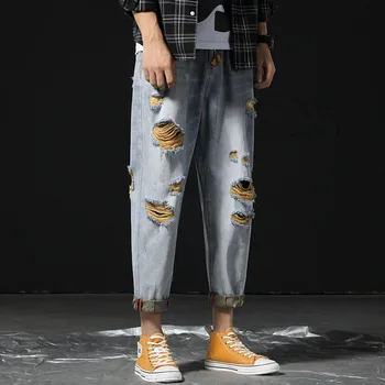 

Summer Fashion Men's Jeans Pants Boys Retro Hole Solid Simple Loose Casual Ankle-Length Harem Classic Pants Trousers Plus Size