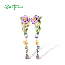  SANTUZZA 925 Sterling Silver Drop Earrings For Women Sparkling Purple Stone Colorful Flower Party Fine Jewelry Handmade Enamel 
