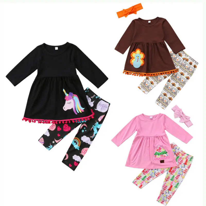 

2019 Hot Sale New Christmas Clothes Toddler Kids Baby Girls Outfits T-shirt Tops Dress+Long Pants Autumn Festival Clothes Sets