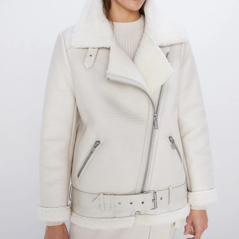 Jaqueta de Couro para Mulheres do Falso Cordeiros de lã Gola de Pele Varey Inverno Falso Cordeiro pu Moto Zíper Jaqueta Quente Grosso Outerwear ly Lin 3 Ly varey lin inverno falso cordeiro jaqueta