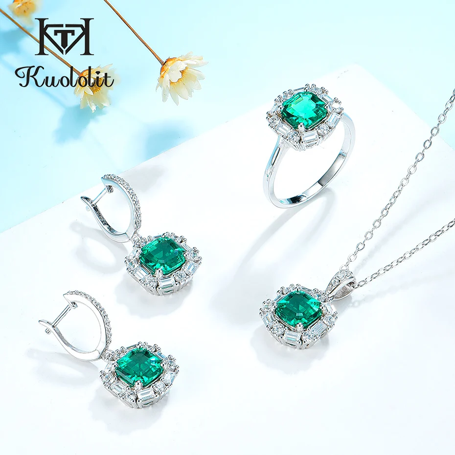 Kuololit Asscher Emerald gemstone Luxury Jewelry Set for Women Real 925 Sterling Silver Green Ring Earrings Bridal | Украшения и