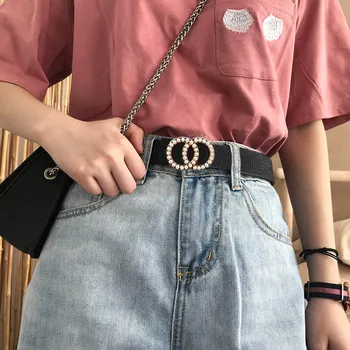 

New fashion Women Belts Pu leather Double Circle Pearl Buckle Waist Strap Jeans Trouser Dress Student Female Wild Waistband