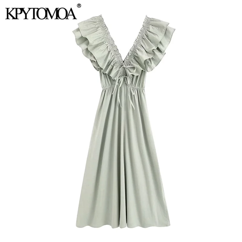 KPYTOMOA Women 2020 Chic Fashion With Ruffles Pleated Midi Dress Vintage V Neck Elastic Ties Female Dresses Vestidos Mujer KPYTOMOA Women 2020 Chic Fashion With Ruffles Pleated Midi Dress Vintage V Neck Elastic Ties Female Dresses Vestidos Mujer